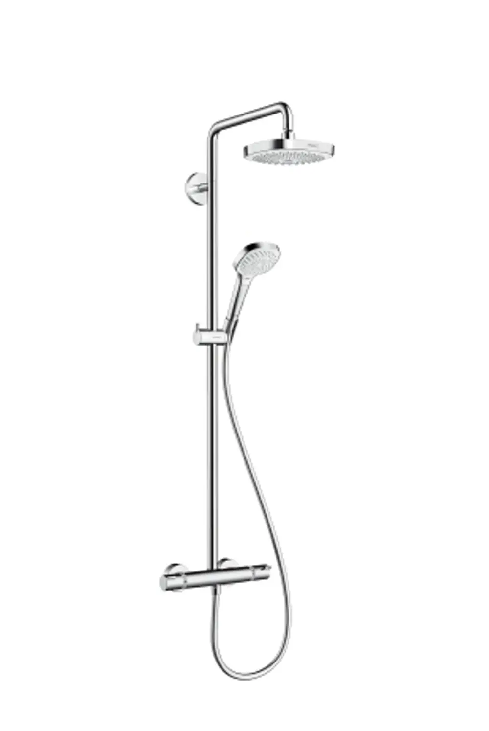 Hängebrause mit Handbrause und Thermostat von Hansgrohe. Chromfarbenes Design mit zwei Duschkopfoptionen zur Auswahl. Montage an Wand für Dusche.